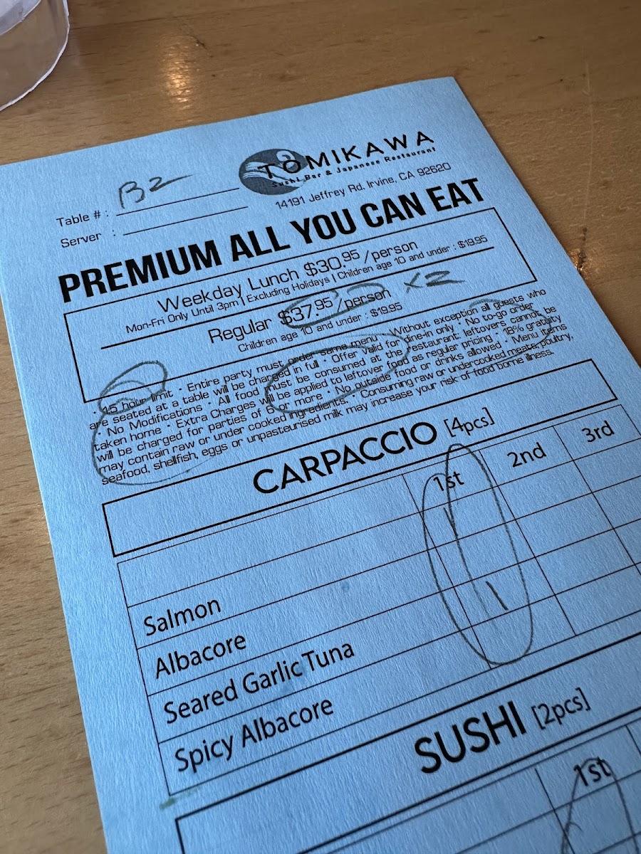 Tomikawa Sushi Bar Restaurant Menu - Image 3